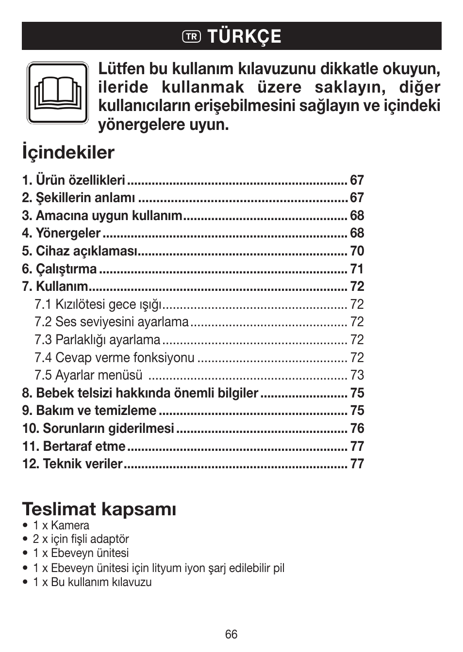 T türkçe içindekiler teslimat kapsamı | Beurer BY 77 User Manual | Page 66 / 104