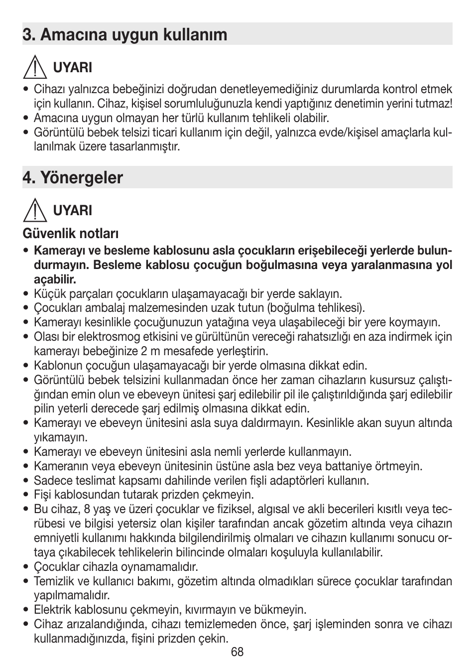 Amacına uygun kullanım, Yönergeler | Beurer BY 77 User Manual | Page 68 / 104