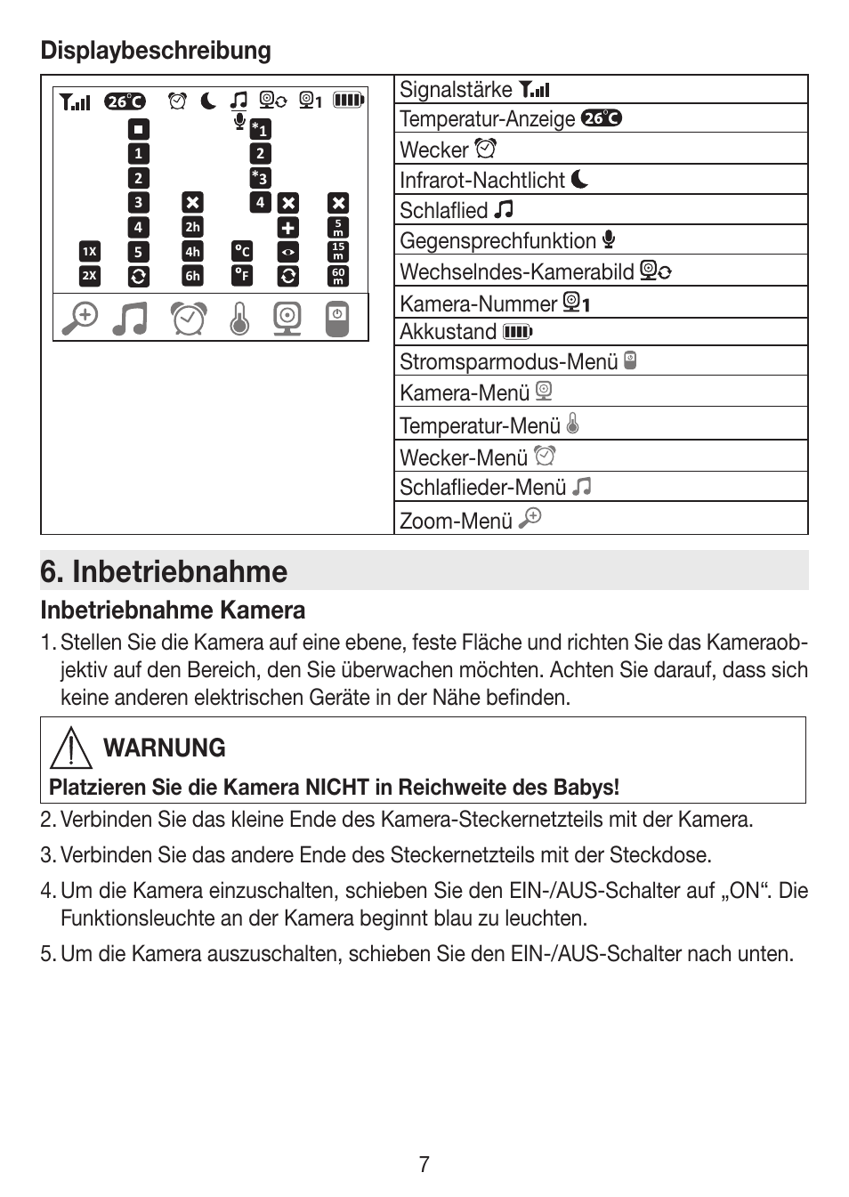 Inbetriebnahme, Displaybeschreibung, Inbetriebnahme kamera | Warnung | Beurer BY 77 User Manual | Page 7 / 104