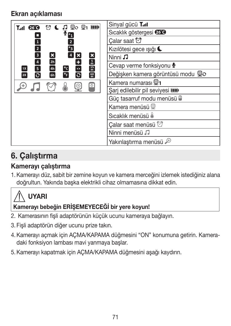Çalıştırma, Ekran açıklaması, Kamerayı çalıştırma | Uyari | Beurer BY 77 User Manual | Page 71 / 104
