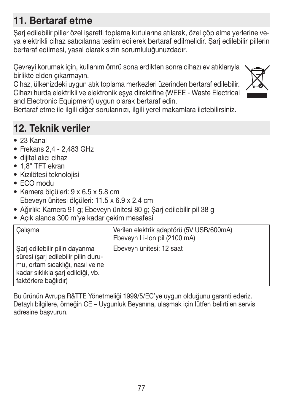 Bertaraf etme, Teknik veriler | Beurer BY 77 User Manual | Page 77 / 104