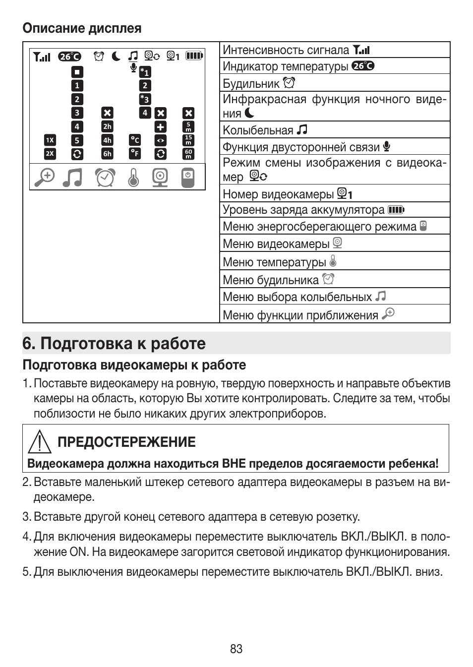 Подготовка к работе, Описание дисплея, Подготовка видеокамеры к работе | Предостережение | Beurer BY 77 User Manual | Page 83 / 104