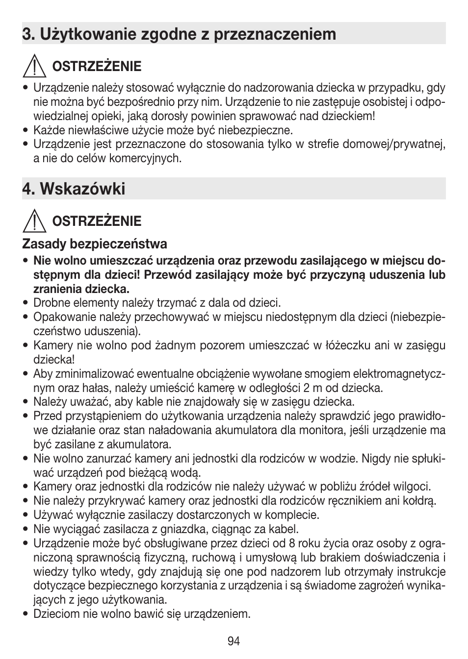 Użytkowanie zgodne z przeznaczeniem, Wskazówki | Beurer BY 77 User Manual | Page 94 / 104
