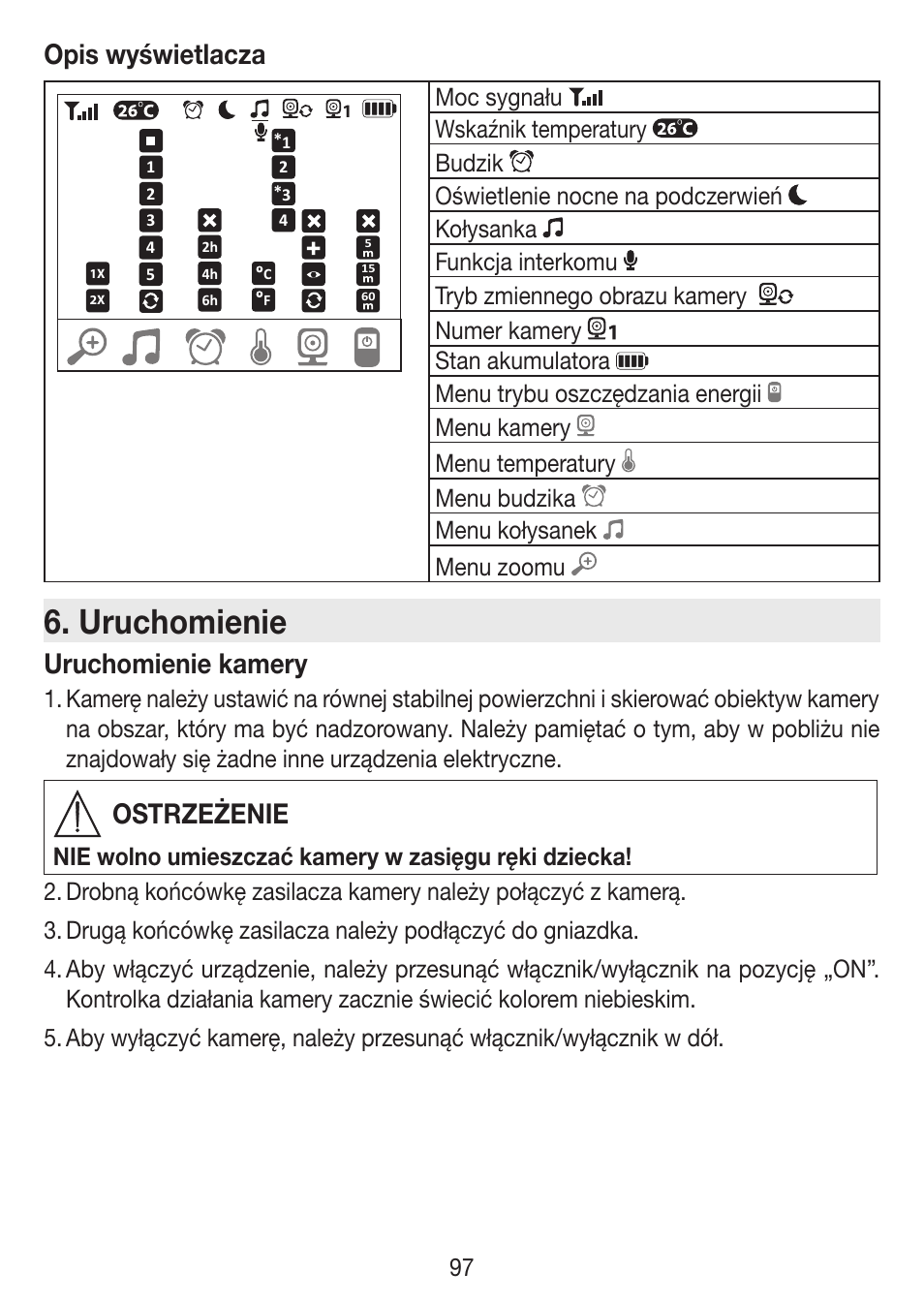 Uruchomienie, Opis wyświetlacza, Uruchomienie kamery | Ostrzeżenie | Beurer BY 77 User Manual | Page 97 / 104