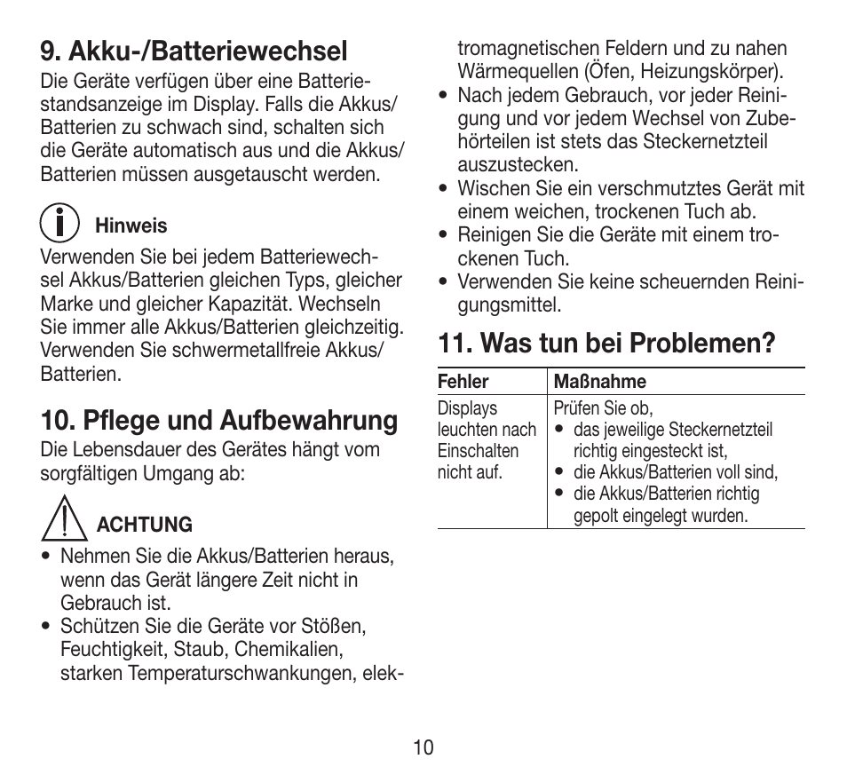 Akku-/batteriewechsel, Pflege und aufbewahrung, Was tun bei problemen | Beurer BY 84 User Manual | Page 10 / 92