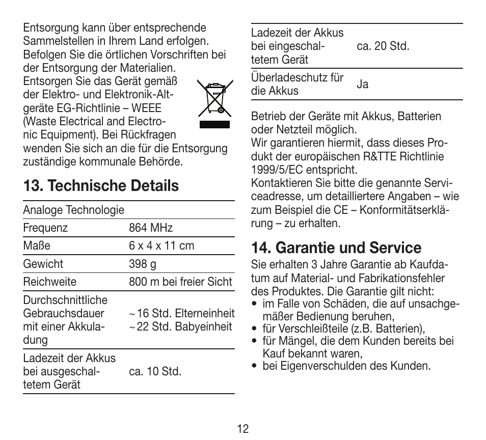 Technische details, Garantie und service | Beurer BY 84 User Manual | Page 12 / 92