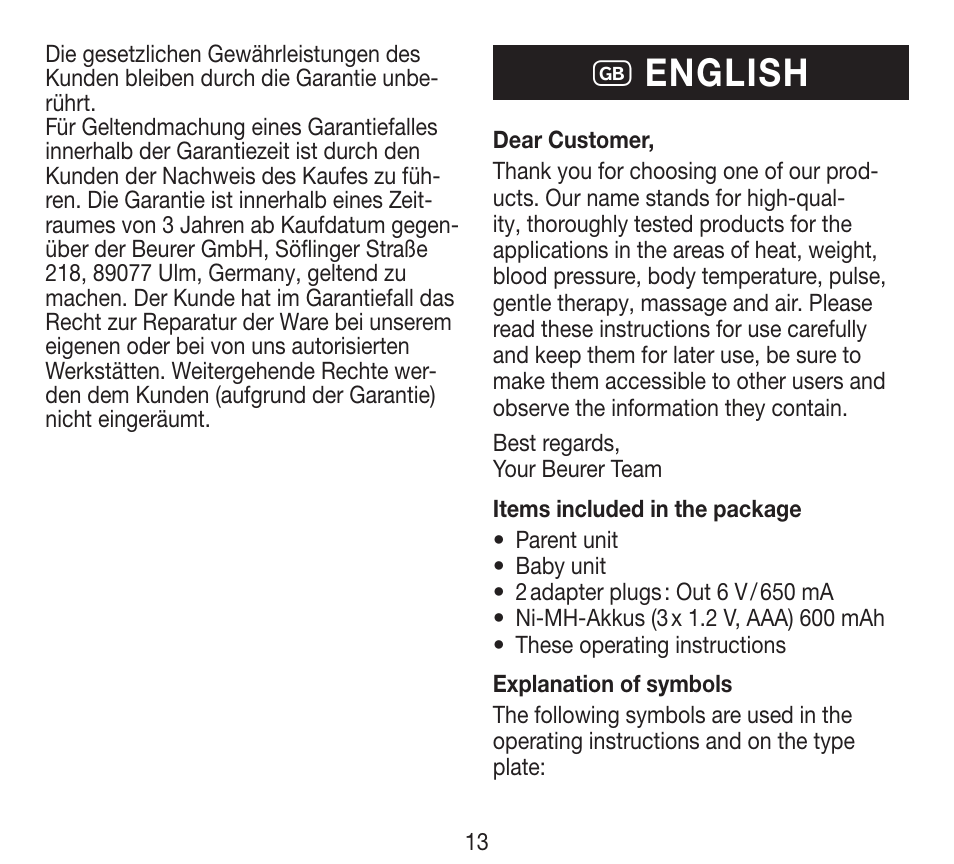 G english | Beurer BY 84 User Manual | Page 13 / 92