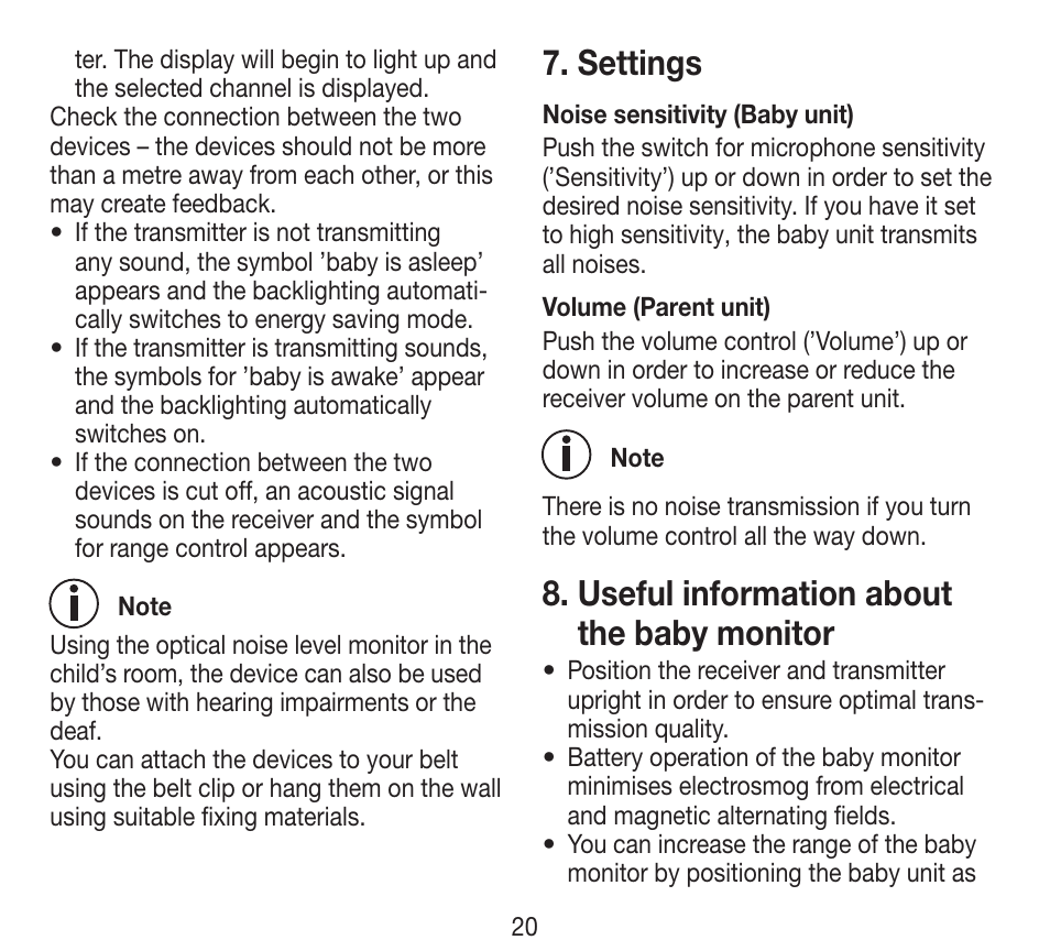 Settings, Useful information about the baby monitor | Beurer BY 84 User Manual | Page 20 / 92