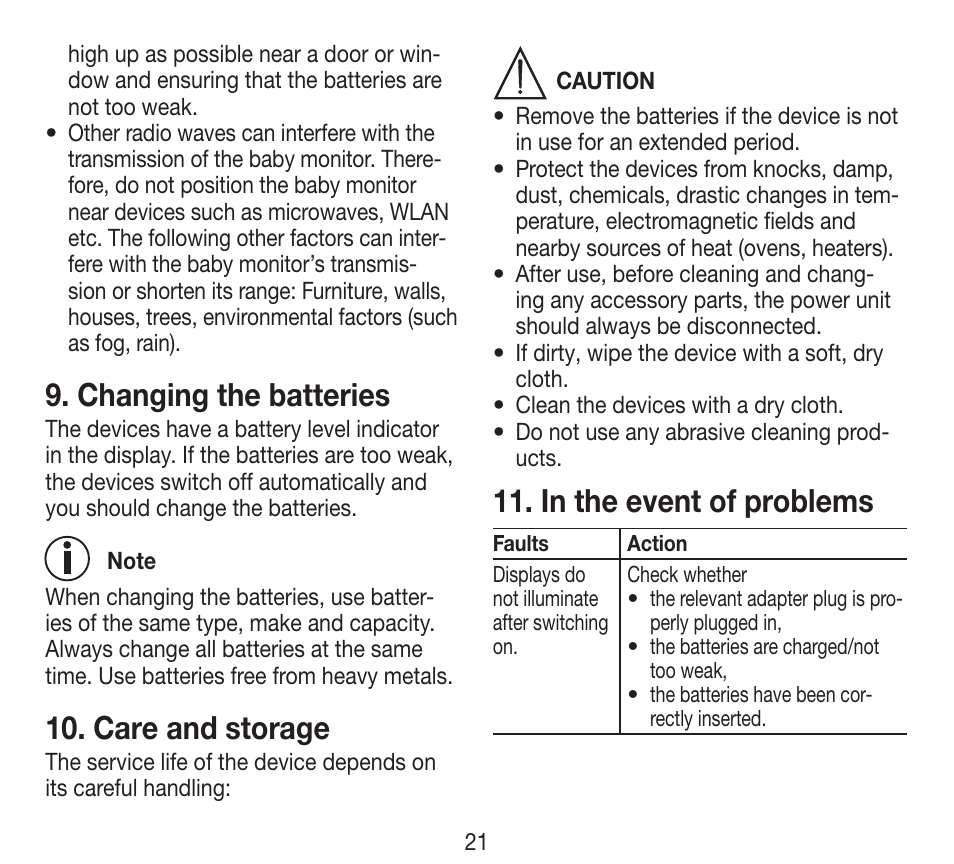 Changing the batteries, Care and storage | Beurer BY 84 User Manual | Page 21 / 92