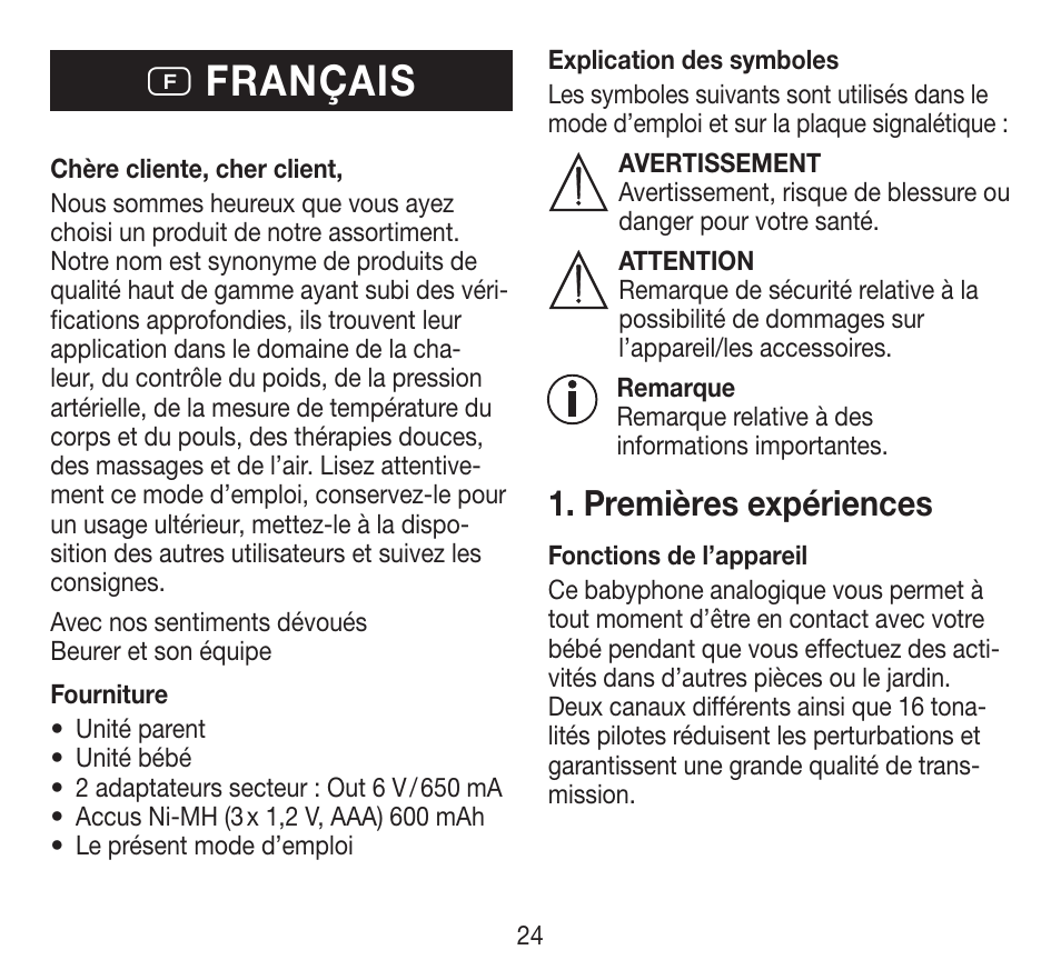 F français, Premières expériences | Beurer BY 84 User Manual | Page 24 / 92