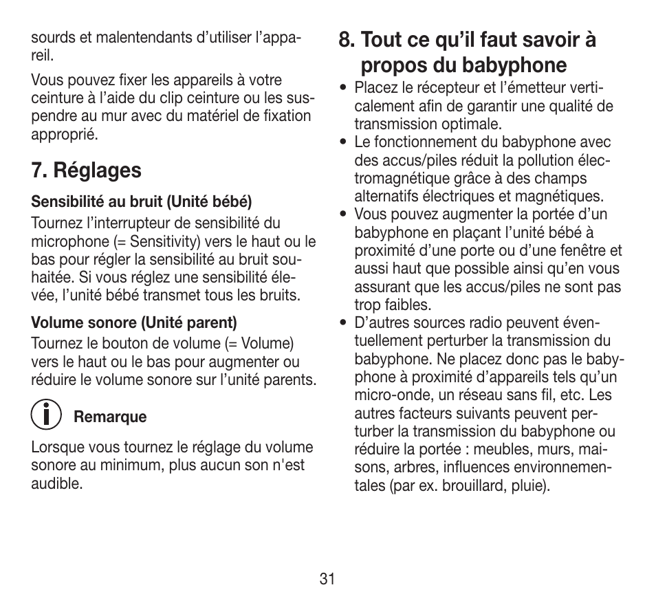 Réglages, Tout ce qu’il faut savoir à propos du babyphone | Beurer BY 84 User Manual | Page 31 / 92