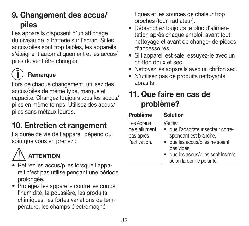 Changement des accus/ piles, Entretien et rangement, Que faire en cas de problème | Beurer BY 84 User Manual | Page 32 / 92
