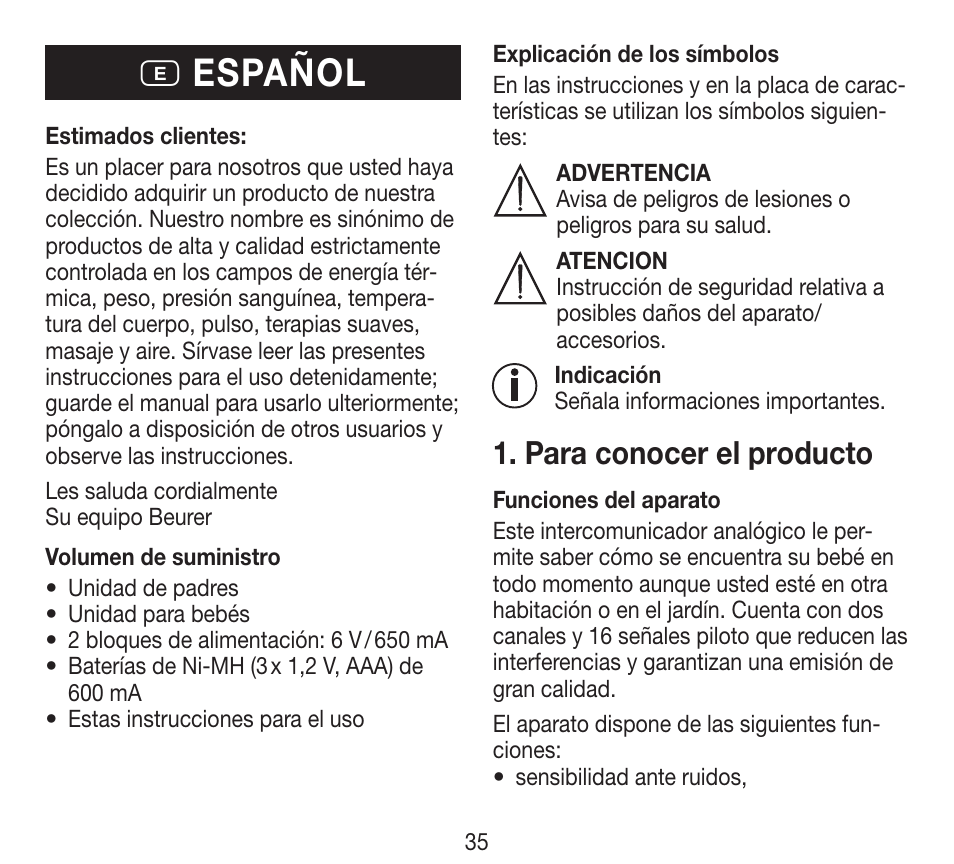 E español, Para conocer el producto | Beurer BY 84 User Manual | Page 35 / 92