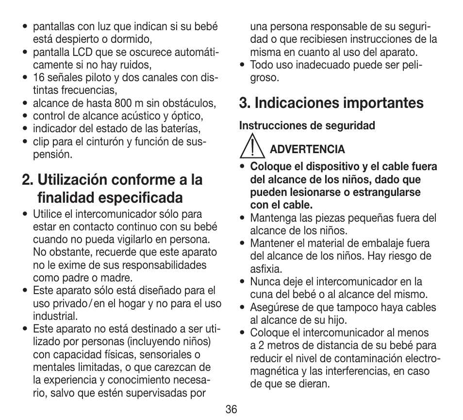 Utilización conforme a la finalidad especificada, Indicaciones importantes | Beurer BY 84 User Manual | Page 36 / 92