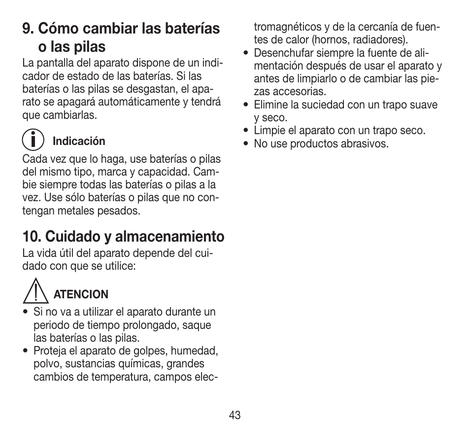 Cómo cambiar las baterías o las pilas, Cuidado y almacenamiento | Beurer BY 84 User Manual | Page 43 / 92