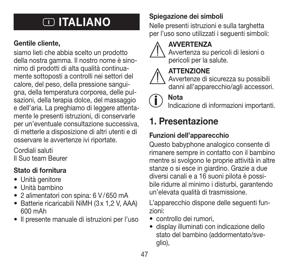 I italiano, Presentazione | Beurer BY 84 User Manual | Page 47 / 92