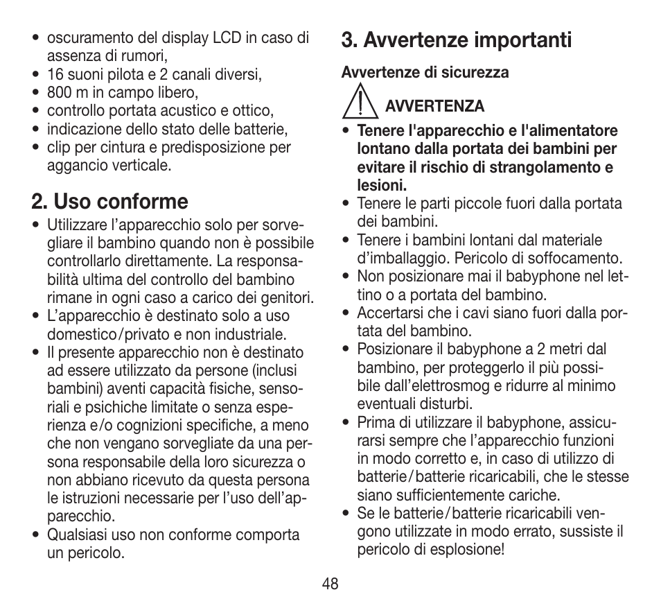 Uso conforme, Avvertenze importanti | Beurer BY 84 User Manual | Page 48 / 92