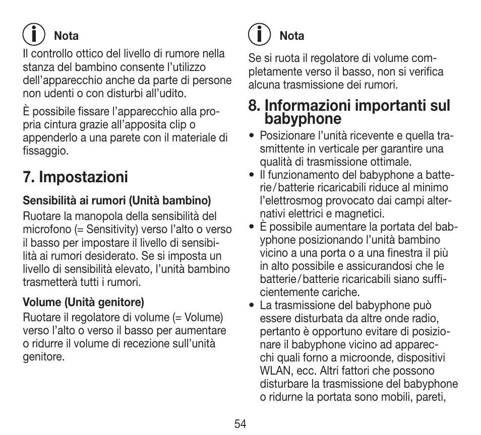 Impostazioni, Informazioni importanti sul babyphone | Beurer BY 84 User Manual | Page 54 / 92