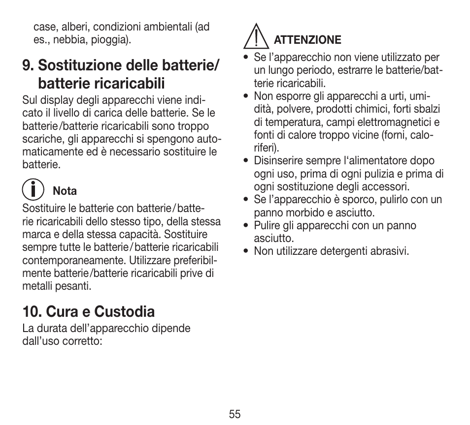 Sostituzione delle batterie/ batterie ricaricabili, Cura e custodia | Beurer BY 84 User Manual | Page 55 / 92