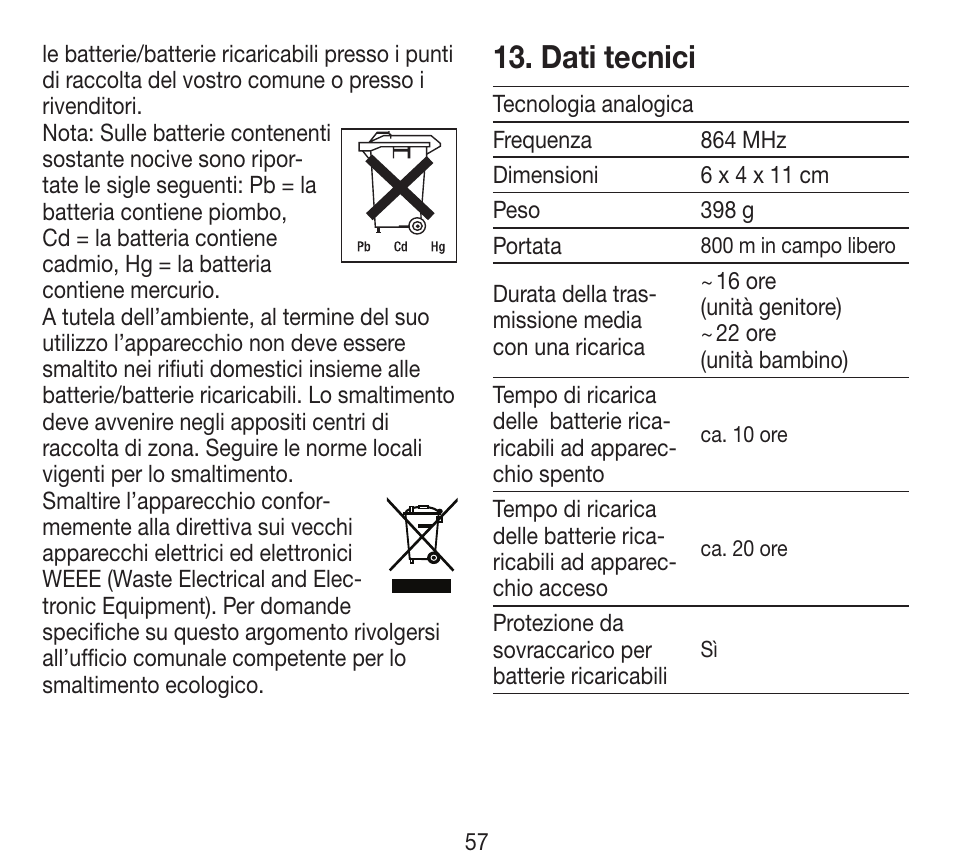 Dati tecnici | Beurer BY 84 User Manual | Page 57 / 92