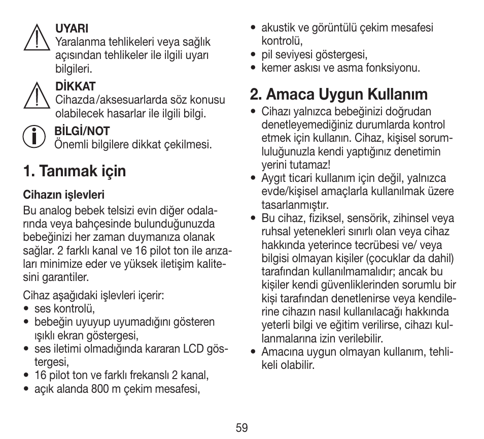 Tanımak için, Amaca uygun kullanım | Beurer BY 84 User Manual | Page 59 / 92