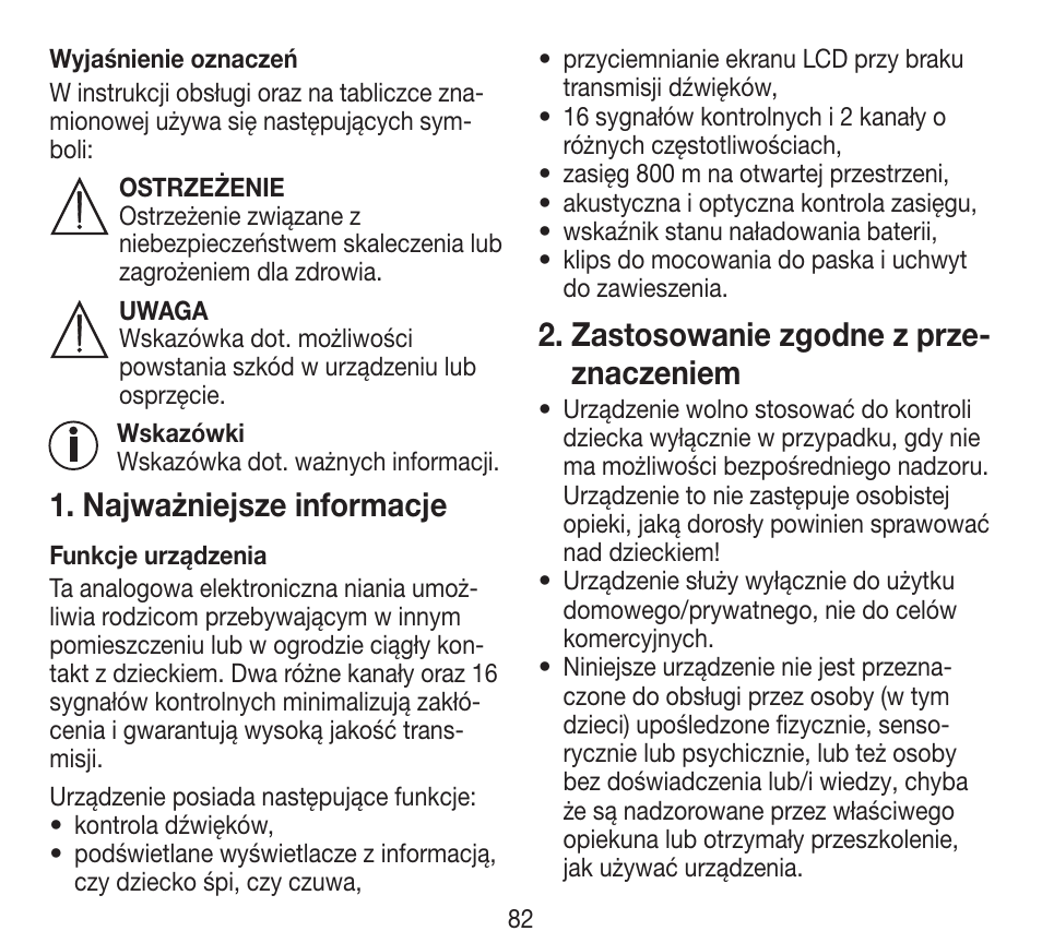 Najważniejsze informacje, Zastosowanie zgodne z prze- znaczeniem | Beurer BY 84 User Manual | Page 82 / 92