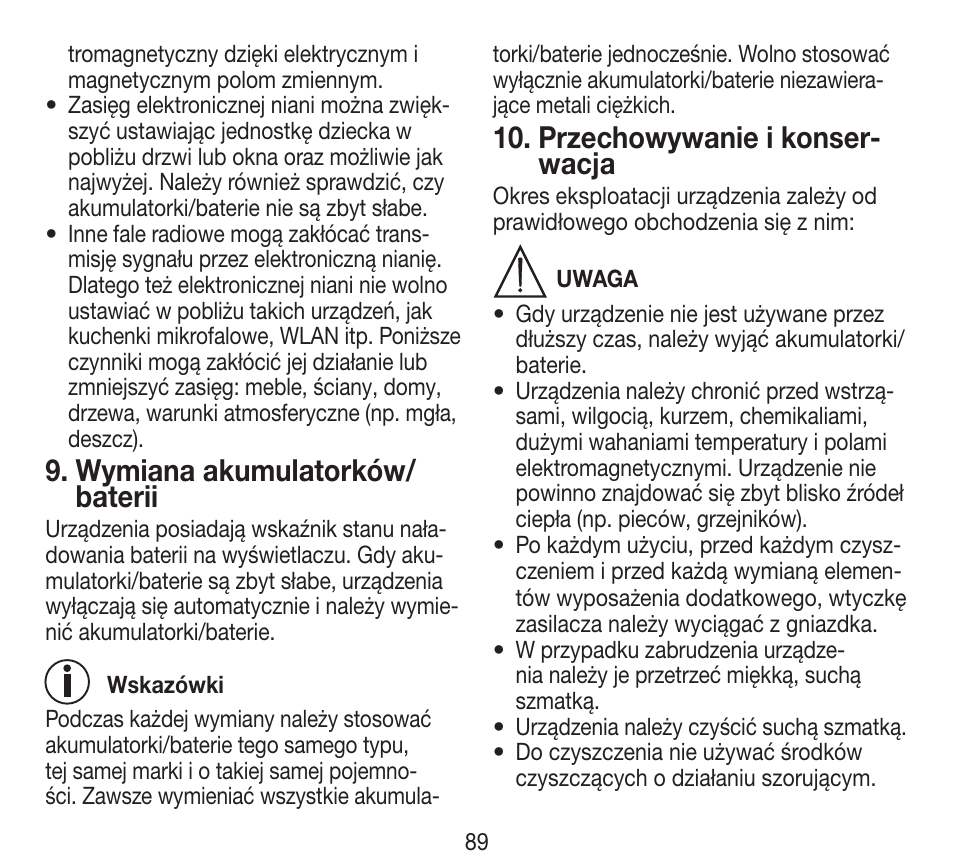 Wymiana akumulatorków/ baterii, Przechowywanie i konser- wacja | Beurer BY 84 User Manual | Page 89 / 92