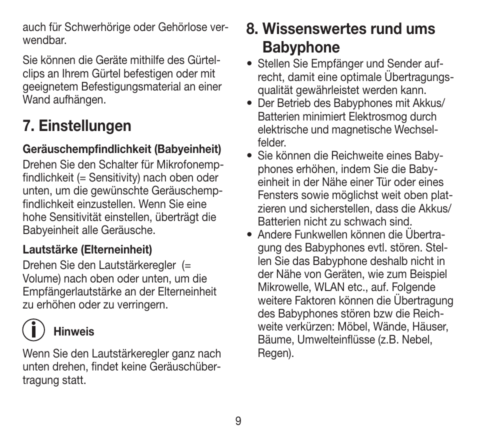 Einstellungen, Wissenswertes rund ums babyphone | Beurer BY 84 User Manual | Page 9 / 92