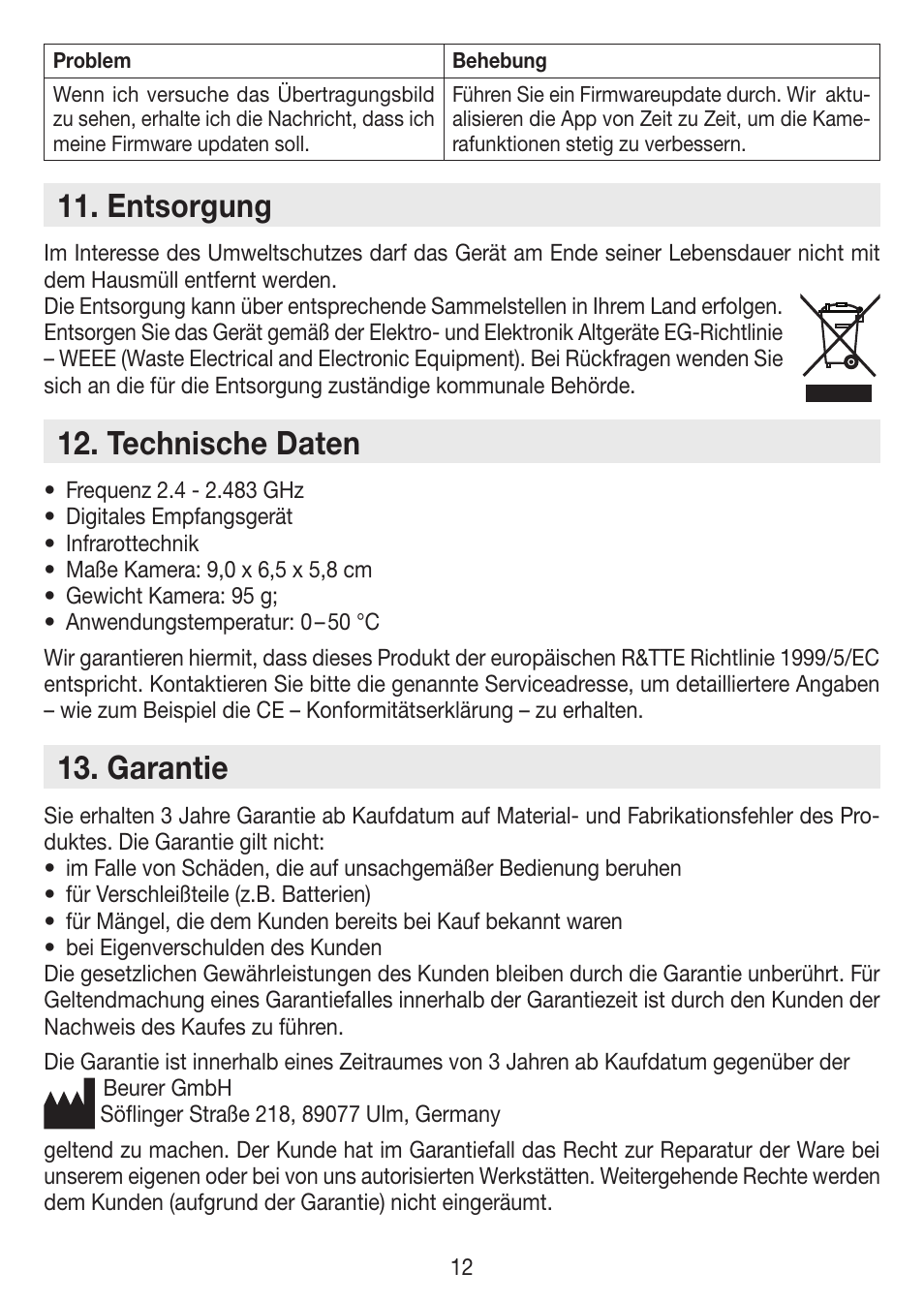 Entsorgung, Technische daten, Garantie | Beurer BY 88 Smart User Manual | Page 12 / 88