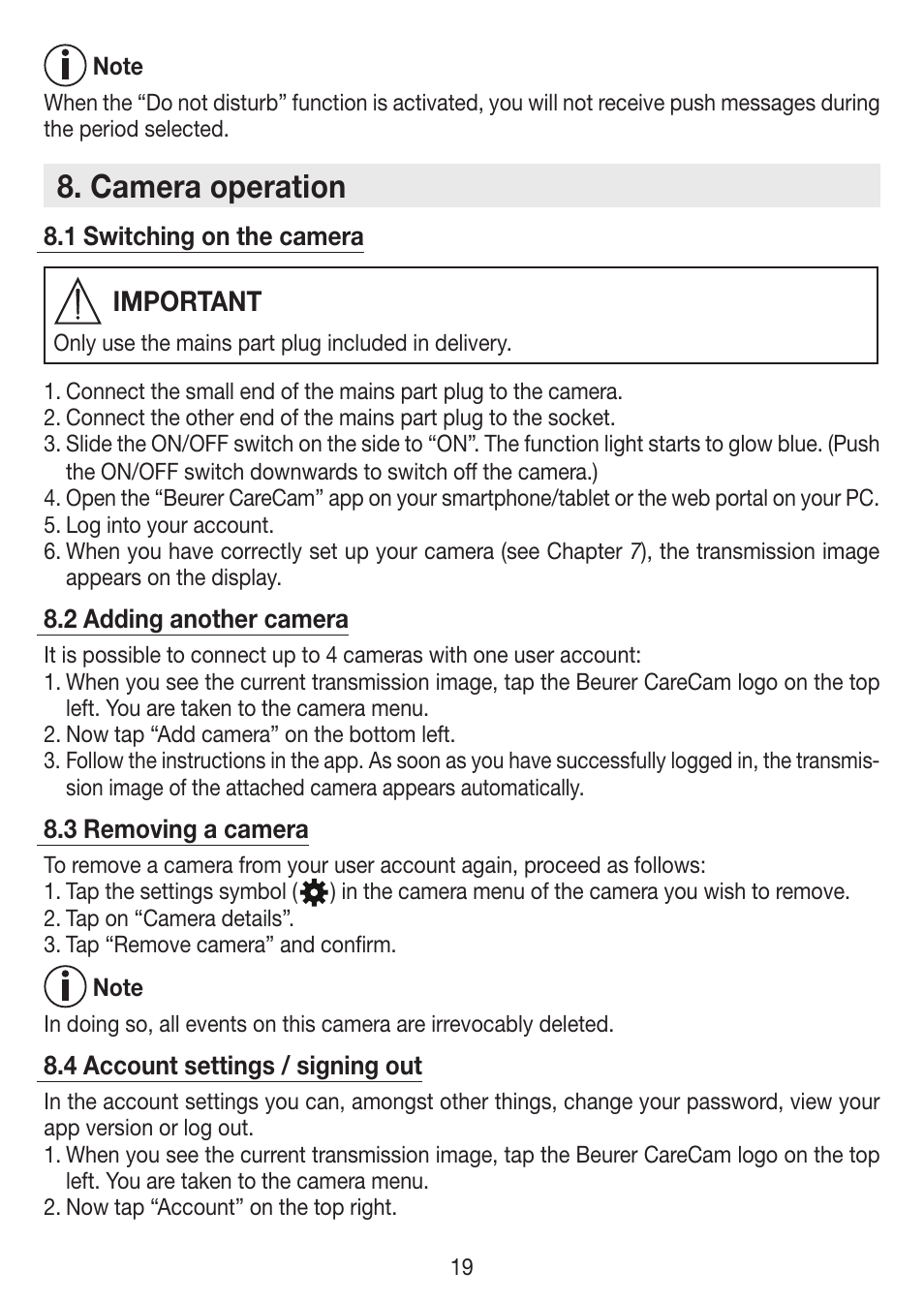 Camera operation, Important | Beurer BY 88 Smart User Manual | Page 19 / 88