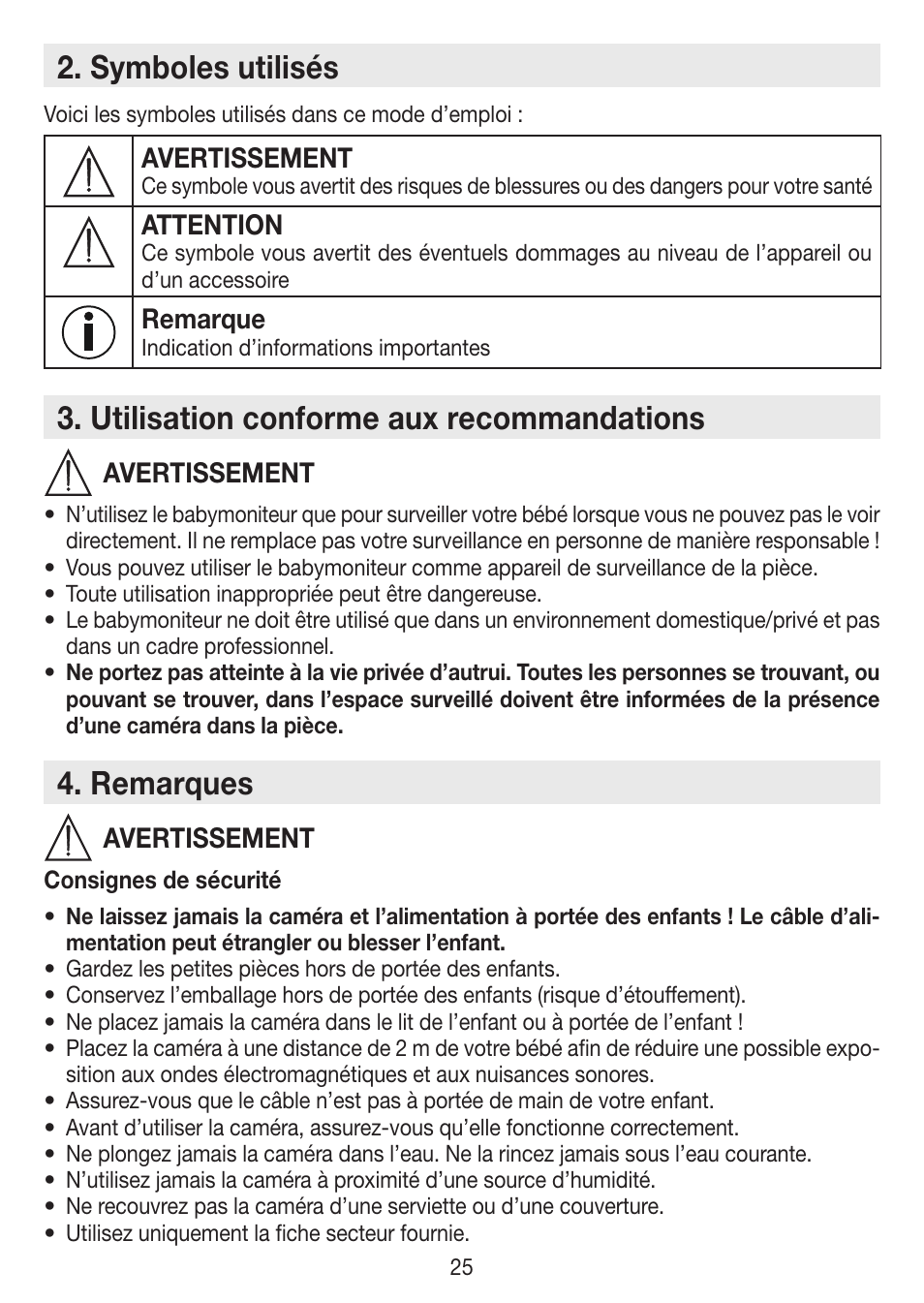 Symboles utilisés, Utilisation conforme aux recommandations, Remarques | Avertissement, Attention, Remarque | Beurer BY 88 Smart User Manual | Page 25 / 88
