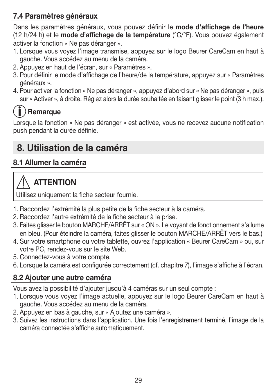 Utilisation de la caméra, Attention | Beurer BY 88 Smart User Manual | Page 29 / 88