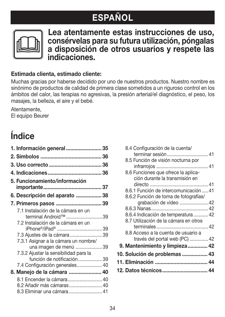 Español índice | Beurer BY 88 Smart User Manual | Page 34 / 88