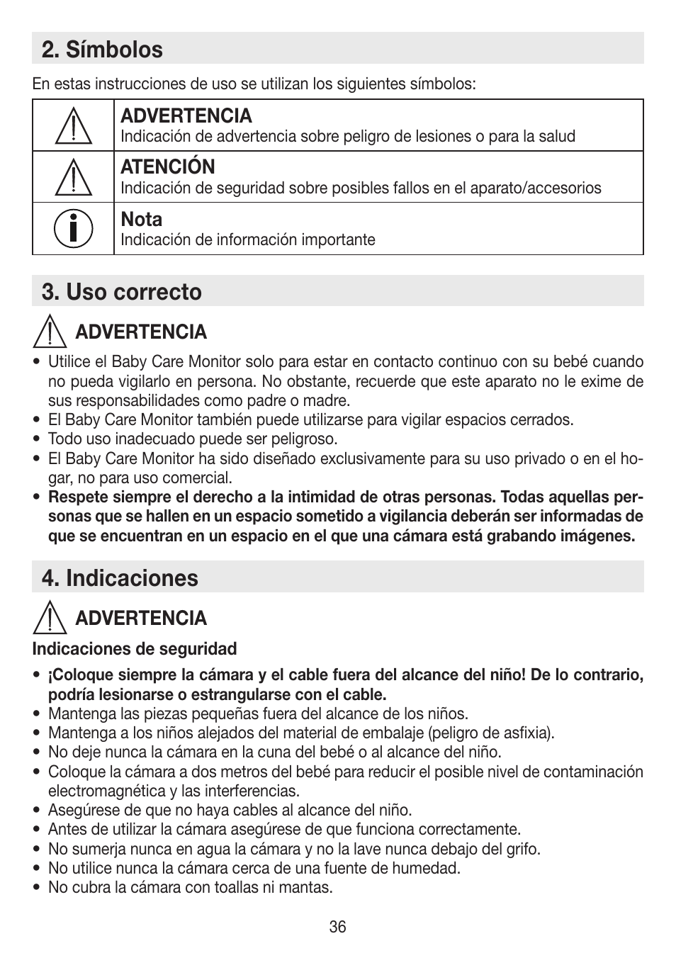 Símbolos, Uso correcto, Indicaciones | Advertencia, Atención, Nota | Beurer BY 88 Smart User Manual | Page 36 / 88