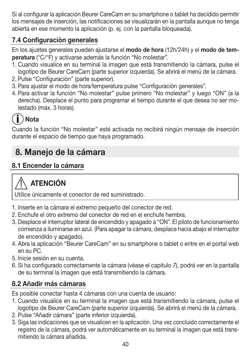Manejo de la cámara, Atención | Beurer BY 88 Smart User Manual | Page 40 / 88