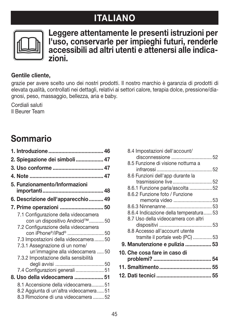 Italiano sommario | Beurer BY 88 Smart User Manual | Page 45 / 88