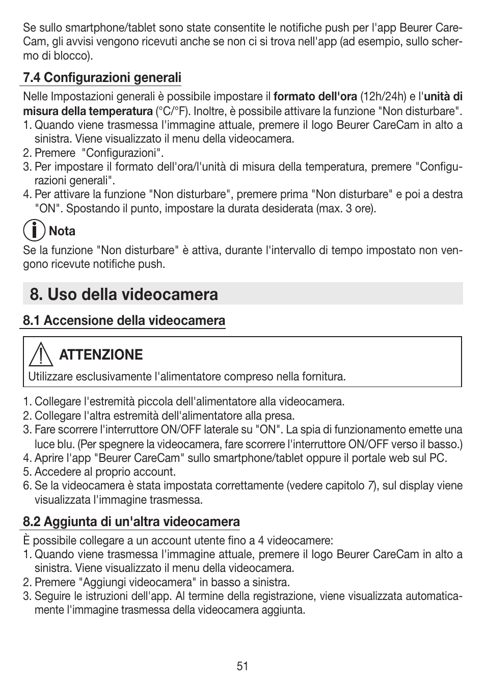 Uso della videocamera, Attenzione | Beurer BY 88 Smart User Manual | Page 51 / 88