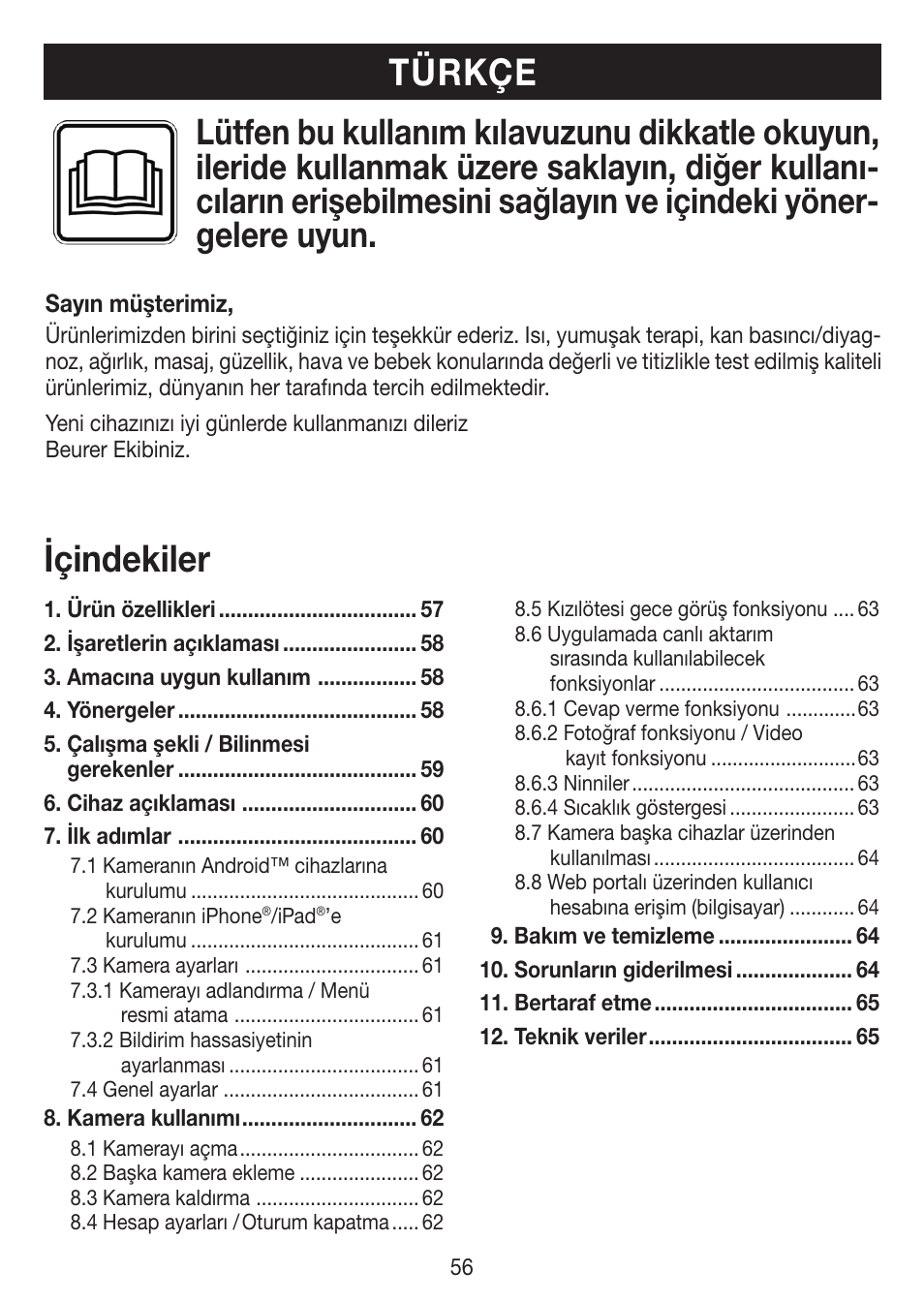 Türkçe içindekiler | Beurer BY 88 Smart User Manual | Page 56 / 88