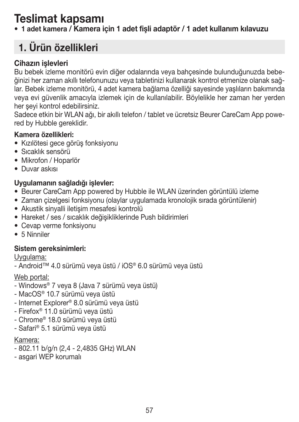 Teslimat kapsamı, Ürün özellikleri | Beurer BY 88 Smart User Manual | Page 57 / 88