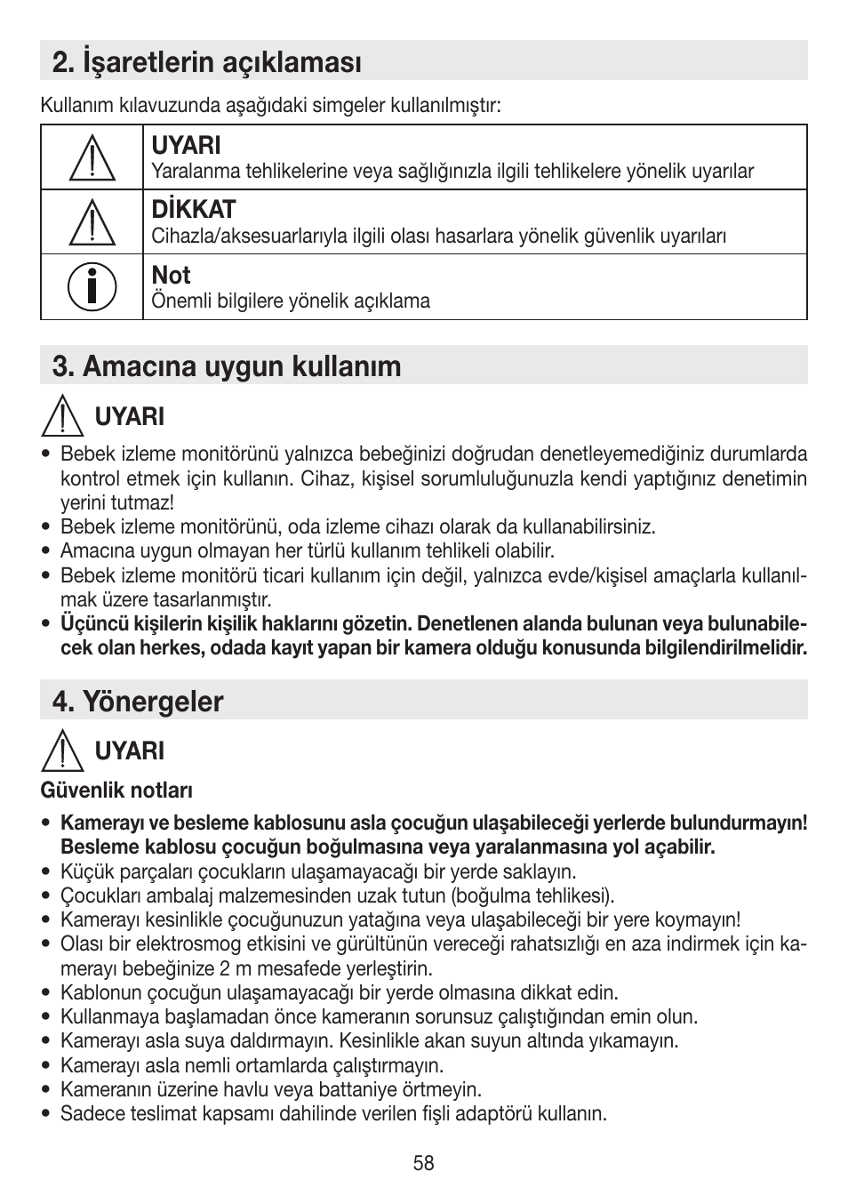 Işaretlerin açıklaması, Amacına uygun kullanım, Yönergeler | Uyari, Dikkat | Beurer BY 88 Smart User Manual | Page 58 / 88