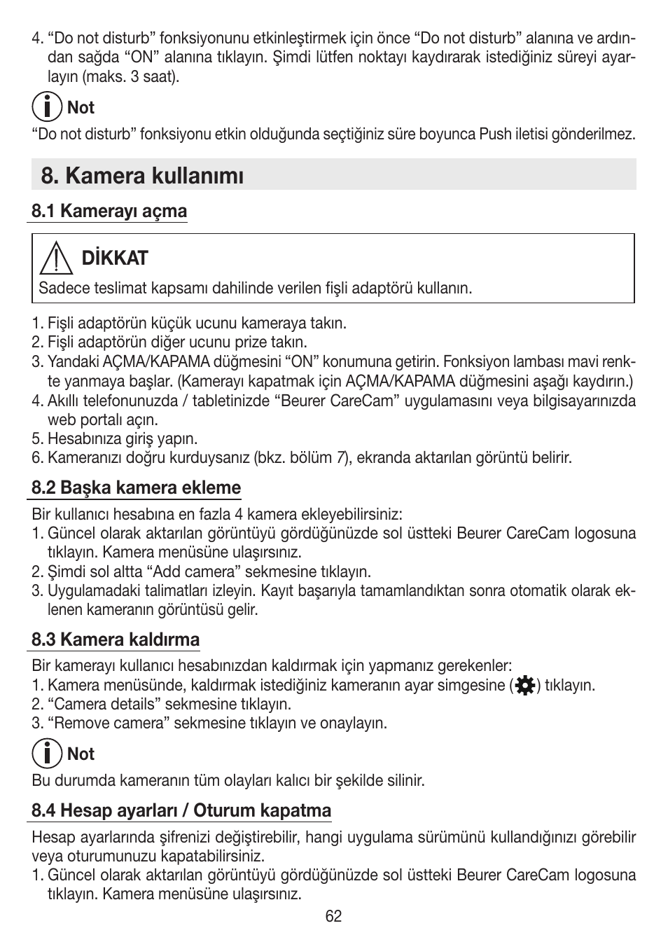 Kamera kullanımı, Dikkat | Beurer BY 88 Smart User Manual | Page 62 / 88