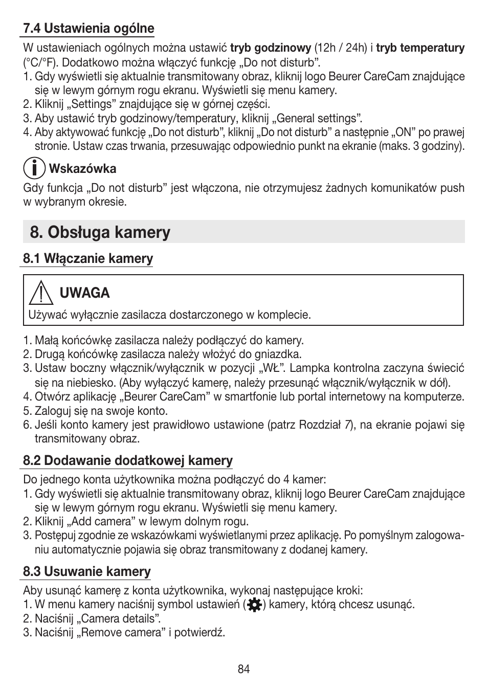 Obsługa kamery, Uwaga | Beurer BY 88 Smart User Manual | Page 84 / 88