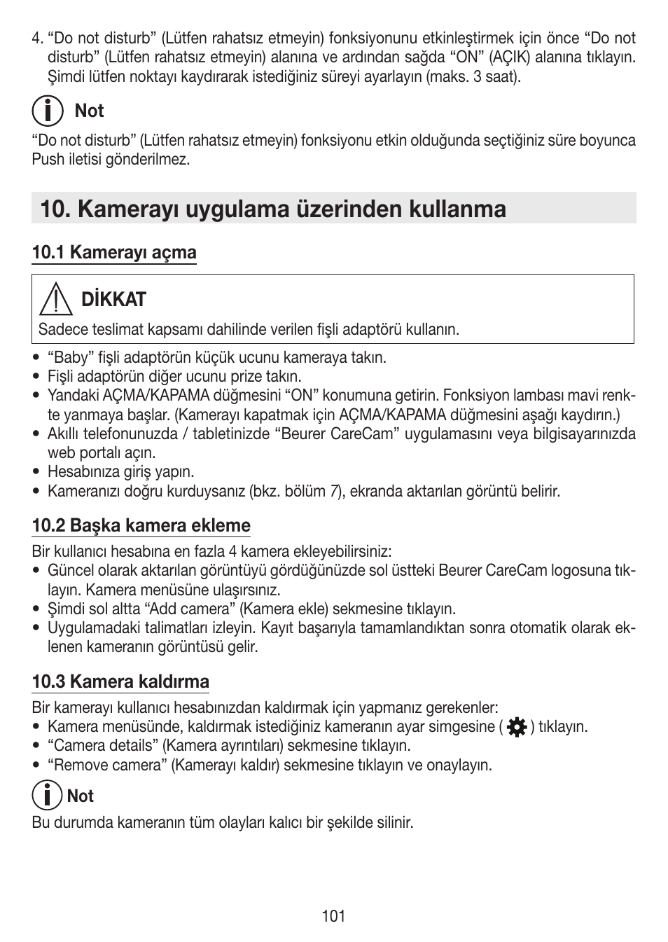 Kamerayı uygulama üzerinden kullanma, Dikkat | Beurer BY 99 User Manual | Page 101 / 144