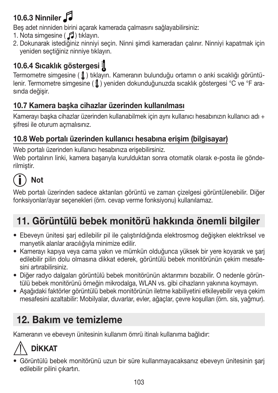 Görüntülü bebek monitörü hakkında önemli bilgiler, Bakım ve temizleme | Beurer BY 99 User Manual | Page 103 / 144