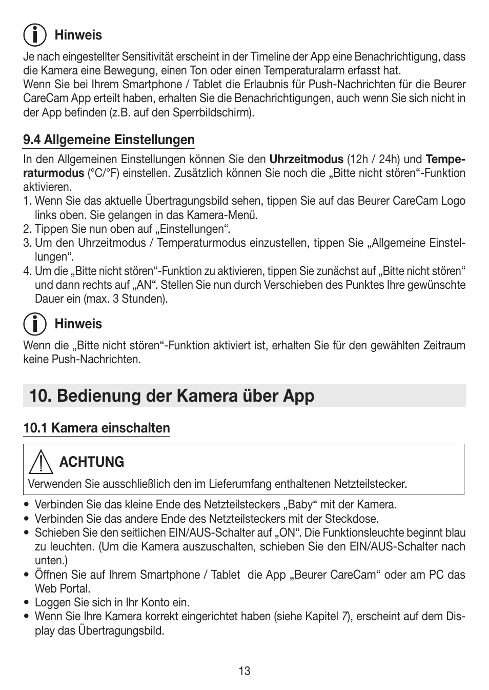 Bedienung der kamera über app, Achtung | Beurer BY 99 User Manual | Page 13 / 144