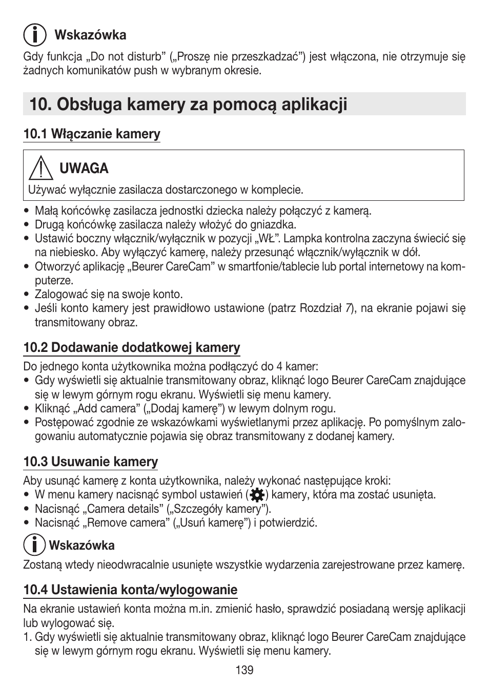 Obsługa kamery za pomocą aplikacji, Uwaga | Beurer BY 99 User Manual | Page 139 / 144