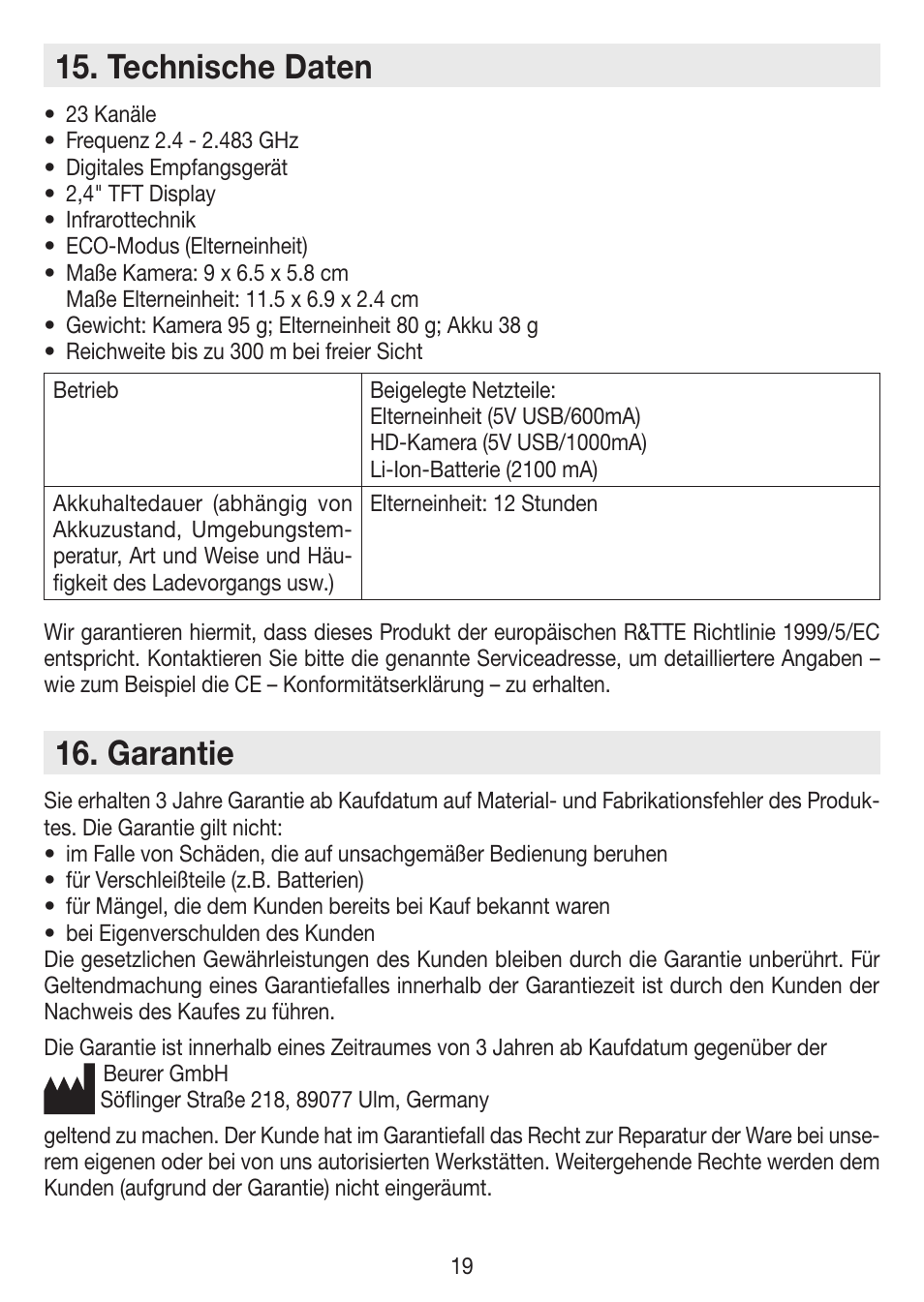 Technische daten, Garantie | Beurer BY 99 User Manual | Page 19 / 144