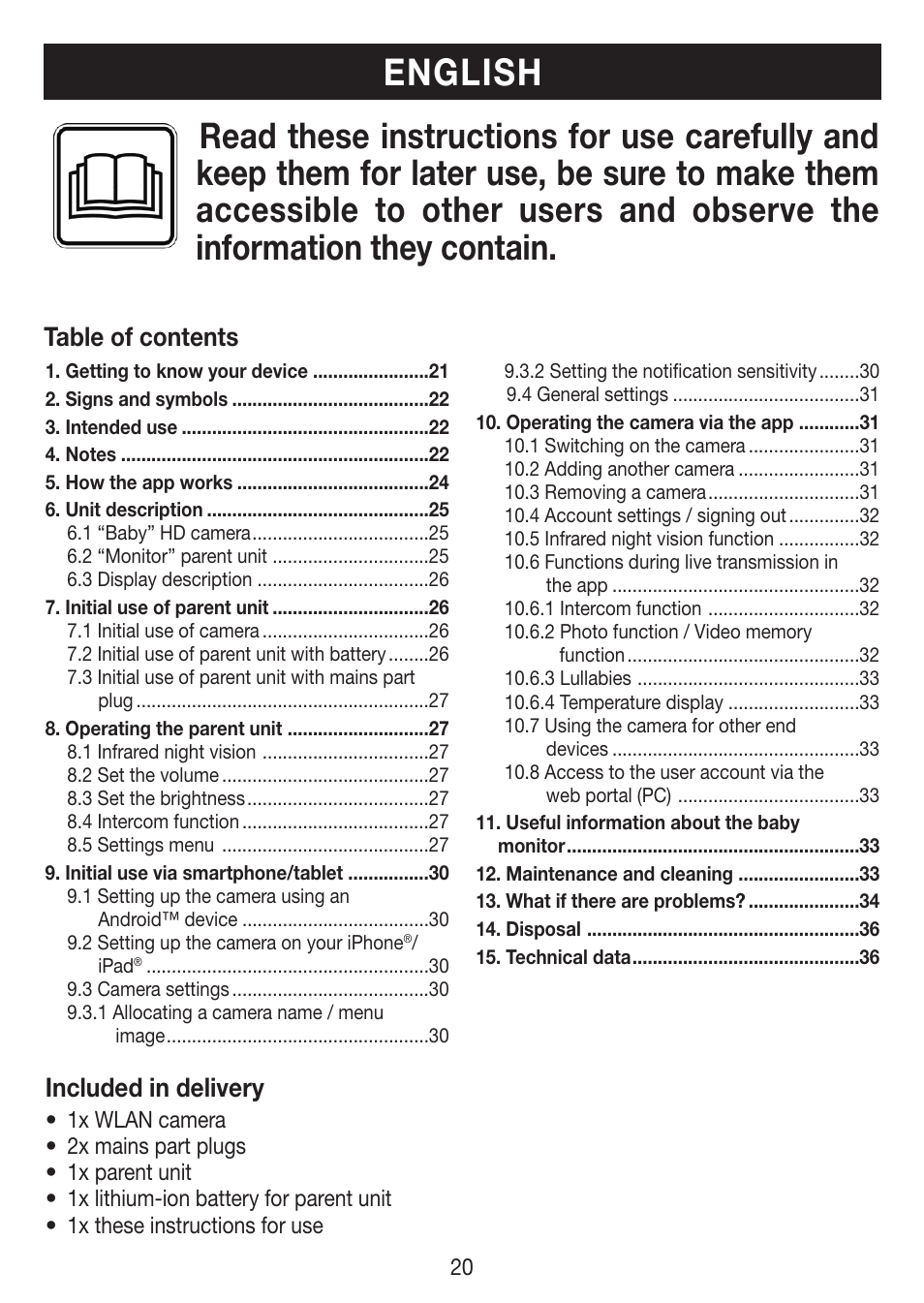 English, Table of contents included in delivery | Beurer BY 99 User Manual | Page 20 / 144