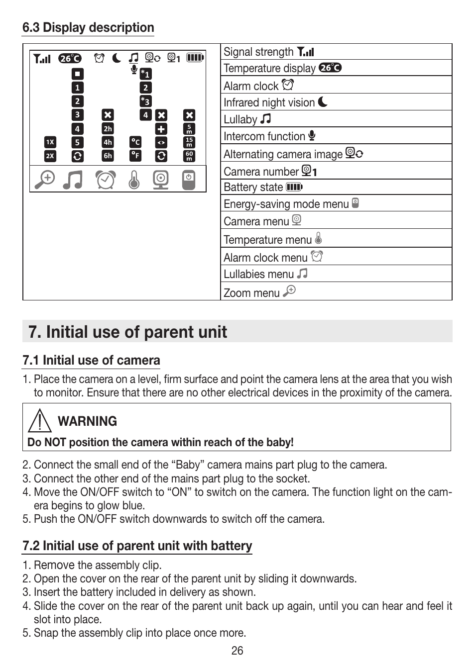 Initial use of parent unit, 3 display description, 1 initial use of camera | Warning, 2 initial use of parent unit with battery, Emove | Beurer BY 99 User Manual | Page 26 / 144