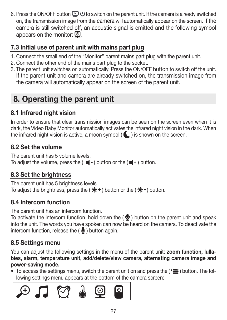 Operating the parent unit | Beurer BY 99 User Manual | Page 27 / 144